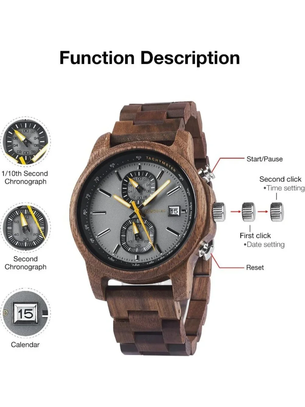 Men's Grey Analog Quartz Ultra-Light Luminous Chronograph Casual Wooden Watch